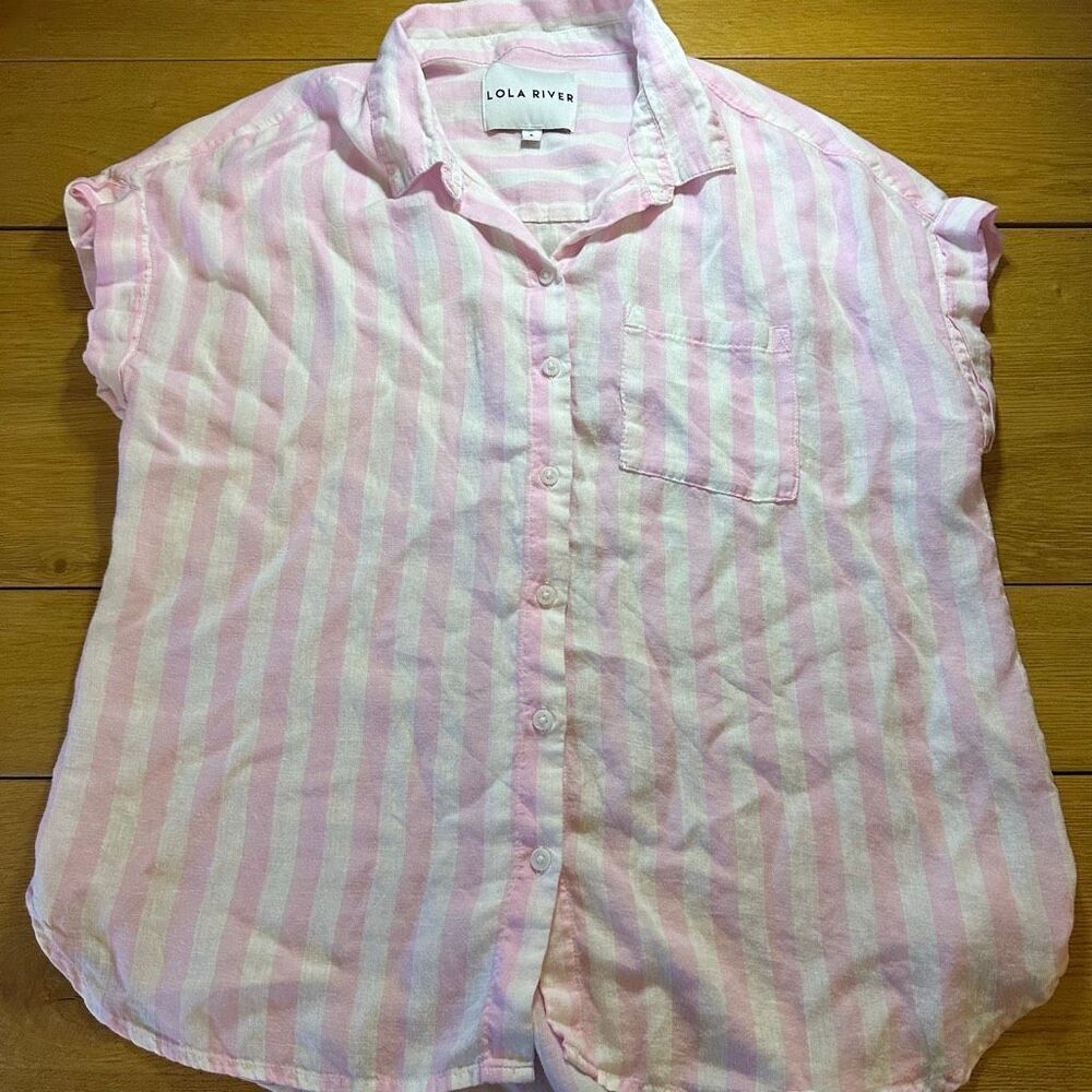 Lola River pink white linen blend striped blouse large